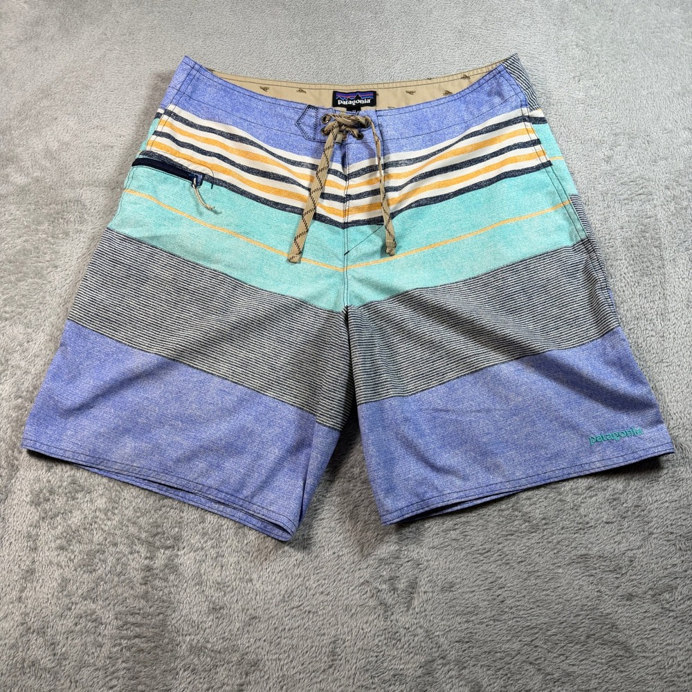 Patagonia Board Shorts Mens 33 Blue Striped Scallop Hem Surf Swim Summer 86610